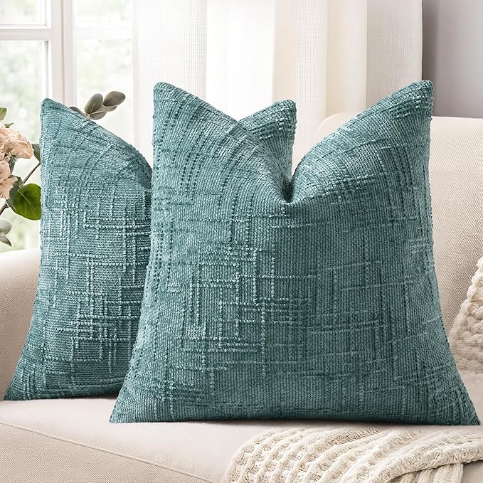 decorUhome Teal Chenille Throw Pillow Covers 16x16 Set of 2 Thick Textured Slubby Couch Pillow Covers Farmhouse Accent Modern Neutral Decorative Pillow Cases for Bed Sofa Living Room