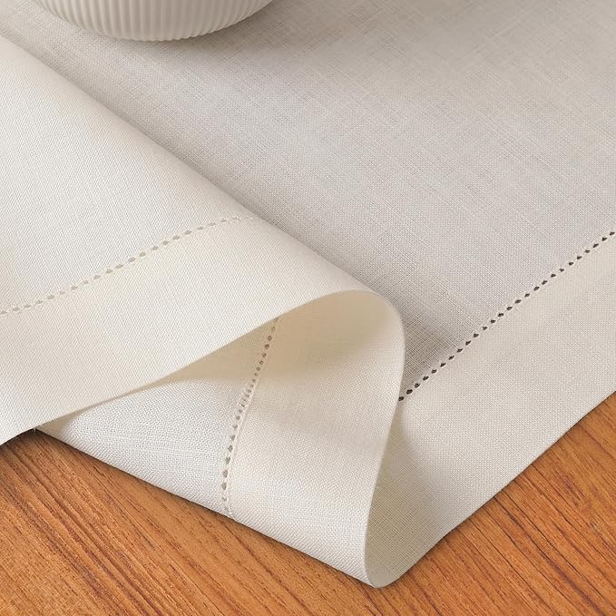 D'Moksha Homes Linen Ivory Table Runner 72 Inches Long - 100% Pure Linen Hemstitch Table Runner 14 x 72 Inch for Dresser, Dining, Valentines, Spring, Easter - Classic Hemstitch