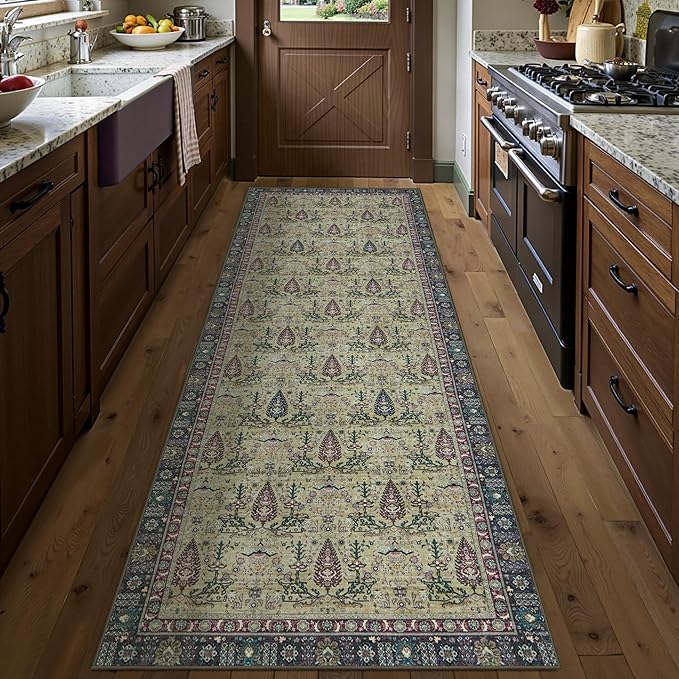 Tangsoo 2x6 Washable Runner Rug for Hallways, Non Slip Vintage Boho Purple Floral Rug for Entryway Kitchen Laundry, Non Slip Soft Low Pile Indoor Rug for Bedroom Bathroom Beside