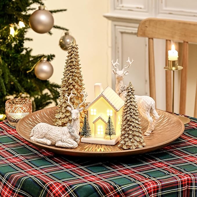 Gold Christmas Tree Figurines, 2Pcs Resin Glitter Christmas Tree for Tabletop Decoration, Small Christmas Trees Set, Decorative Xmas Trees for Christmas Mantel Indoor Home Decor