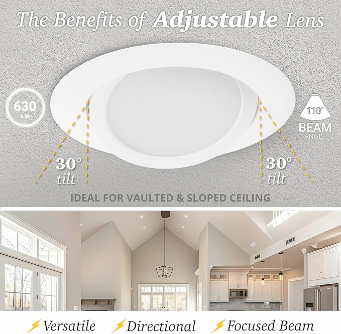 NuWatt 12 Pack, 4 Inch Canless Gimbal LED Recessed Lighting, 5CCT 2700K/3000K/3500K/4000K/5000K Selectable, 630 Lumen, Dimmable, Adjustable Eyeball Wafer Lights for Sloped Ceilings, Metal Junction Box