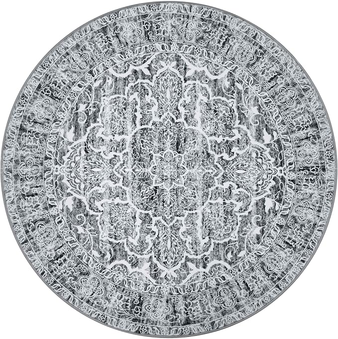 KUTA Round Rugs 6ft, Grey Blue White Circle Rug Washable 6ft, Non-Slip Printed Vintage Medallion Carpet for Living Room Dining Kitchen Indoor Entryway