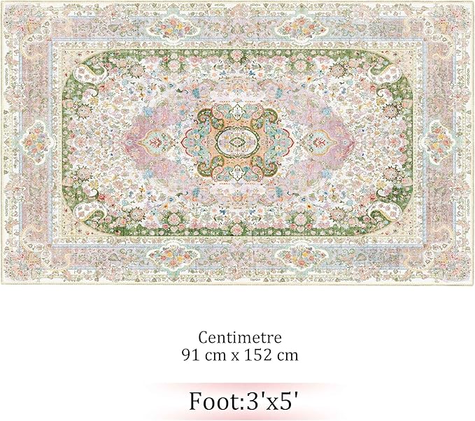 Pink Rug 3x5,Washable Area Rugs for Bedroom Living Room Kitchen Entryway,Small Boho Vintage Bohemian Distressed Non Slip Carpet,Blush Green