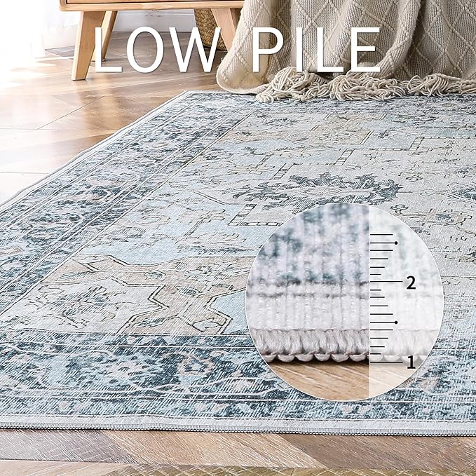 GENIMO 5x8 Area Rugs for Living Room, Machine Washable Low Pile Rugs, Chenille Non Slip Vintage Rug for Bedroom, Dining Room, Home Office, Blue