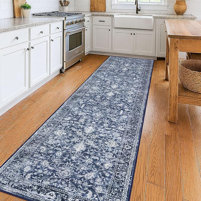 KILOCOCO Hallway Runner 3x10 Rug Runner Printed Vintage Floral Washable Kitchen Runners Non-Slip Rubber Backed Runners for Hallways Laundry Room Distressed Boho Rugs for Entryway Bedroom, Blue