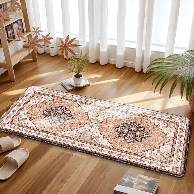 Boho Kitchen Mats for Floor 2 Piece Set Anti Fatigue Cushioned PVC Kitchen Rugs Non Slip Waterproof Farmhouse Mats 2/5 Inch Comfort Standing Mat for Sink, Laundry, Office, 17.3"x59"+17.3"x28", Orange