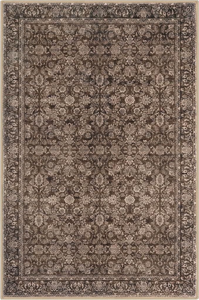2x3 Washable Rug Soft Area Rug for Entryway, Rust Reddish Brown Non-Slip Indoor Door Mat Distressed Floral Low-Pile Kitchen Rugs, Neutral Vintage Carpet for Entrance Bedside Farmhouse