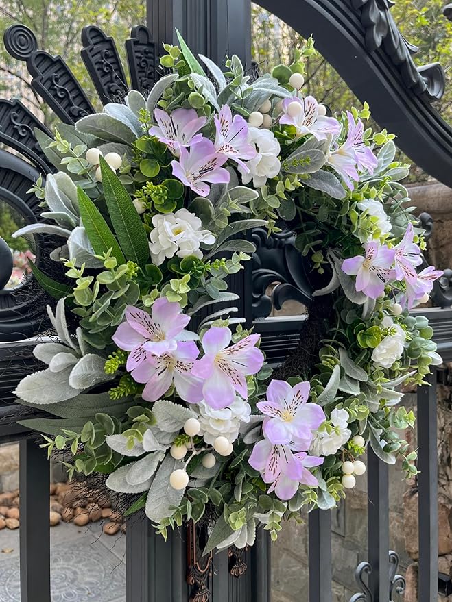 24 Inch Spring Wreaths for Front Door – Artificial Lamb Ear Leaf Wreath with White & Purple Flowers, Farmhouse Greenery Elegant Floral Wreath for Home Wall Decor, Durable Indoor Outdoor Use