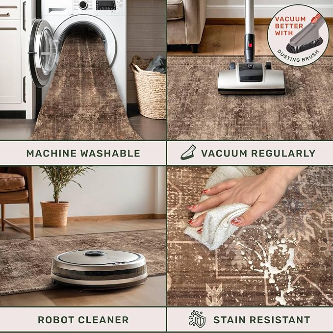 Washable 10ft Long Runners for Hallways, Brown 2'6"x10' Wide Kitchen Runner Rug, Entryway Indoor Rug, Non Slip Rubber Backing Boho Vintage Dark Floor Decor