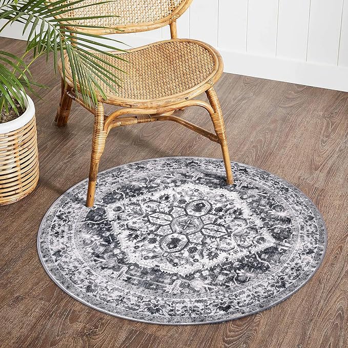 KOZYFLY Round Rug 3 Ft Rugs for Entryway Washable Circle Entrance Rug Non Slip Round Doormat Indoor Printed Faux Wool Round Front Door Mat Floor Carpet for Backdoor, Entryway, Bedroom, Grey