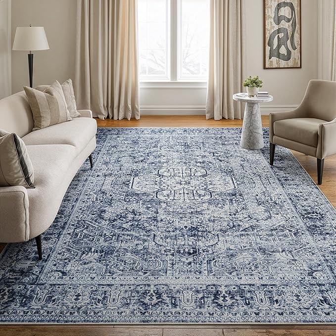 Bloom Rugs Washable Non-Slip 6' x 9' Rug - Ivory/Denim Blue Traditional Medallion Area Rug for Living Room, Bedroom, Dining Room, and Kitchen - Exact Size: 6' x 9'