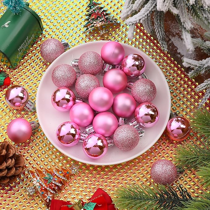 24 Pack Mini Shatterproof Christmas Balls - Small Hanging Ornaments for Trees Christmas Party Decorations, 1.2 Inch (Pink)