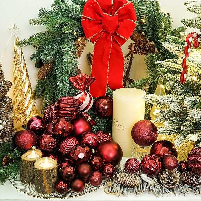 XmasExp 24ct Christmas Ball Ornaments Shatterproof Christmas Ornaments Set Decorations for Xmas Tree Balls(1.57''/40mm, Burgundy)