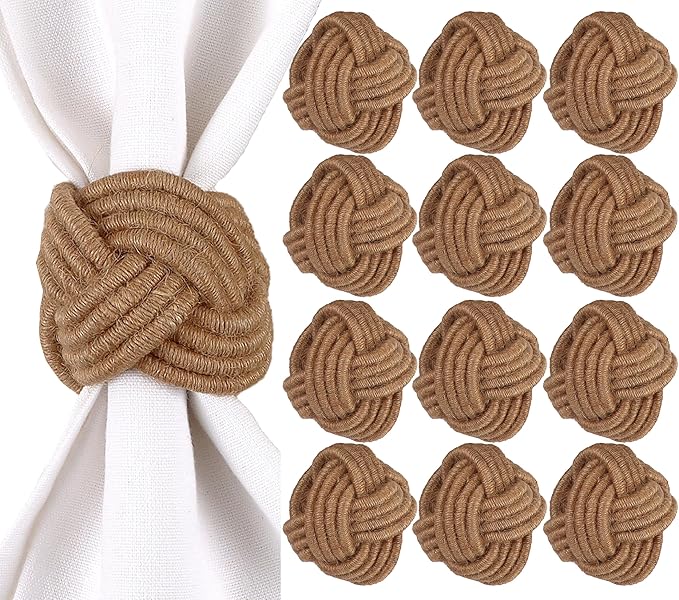 ALPHA Living HOME Rustic Jute Napkin Rings Set of 12 - Natural Woven Napkin Holders for Table Décor, Parties, Weddings, Everyday Dining - Farmhouse Style Napkin Rings Accessories (Brown)