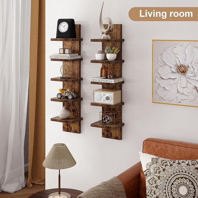 Fun Memories 5 Tier Wall Shelf Unit, Decorative Wall Mount Vertical Shelving, Floating Storage Home Decor Organizer Tall Tower Design Utility Shelving Bedroom Living Room, Brown 2Pack