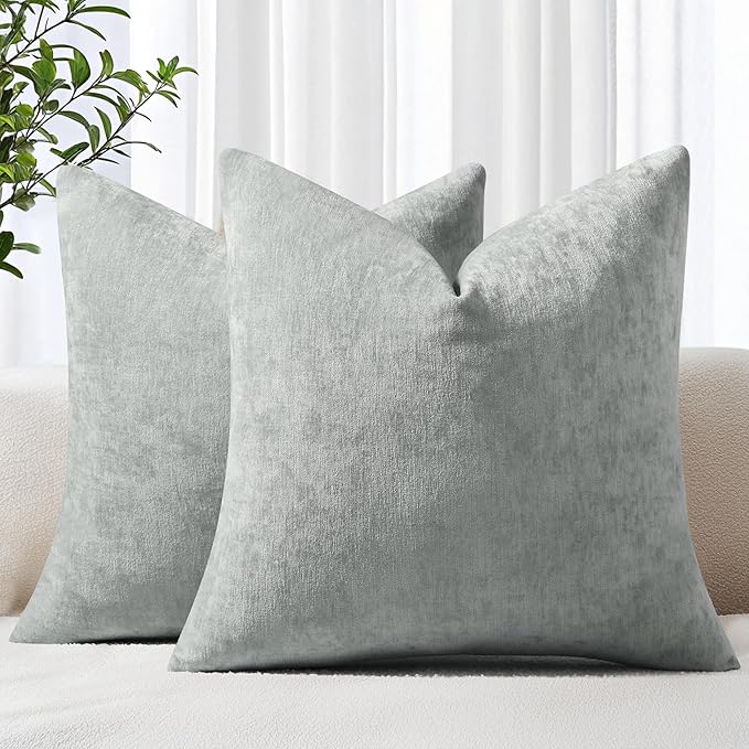 decorUhome Chenille Grey Christmas Throw Pillow Covers 18x18 Inch Set of 2, Decorative Soft Couch Pillow Covers Solid Dyed Accent Farmhouse Neutral Square Pillow Cases for Sofa