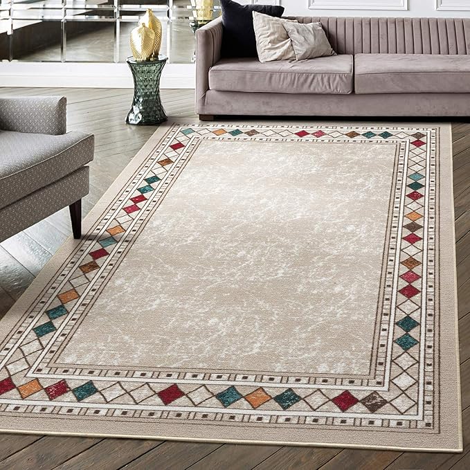 Antep Rugs Alfombras Modern Bordered 4x6 Non-Skid (Non-Slip) Low Profile Pile Rubber Backing Indoor Area Rugs (Beige, 4' x 5'8")