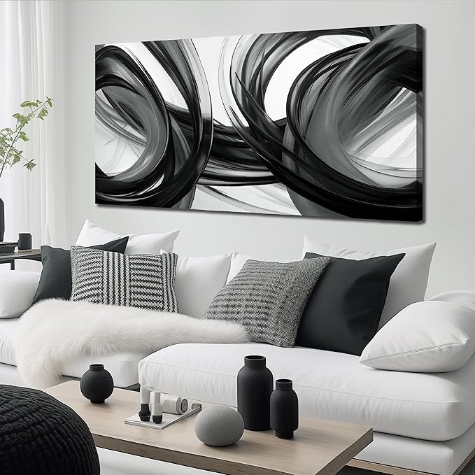 Large Abstract Canvas Wall Art for Living Room Black White and Gray Wall Decor for Bedroom Minimalist Wall Decoration Ready to Hang 29 x 58 Inch