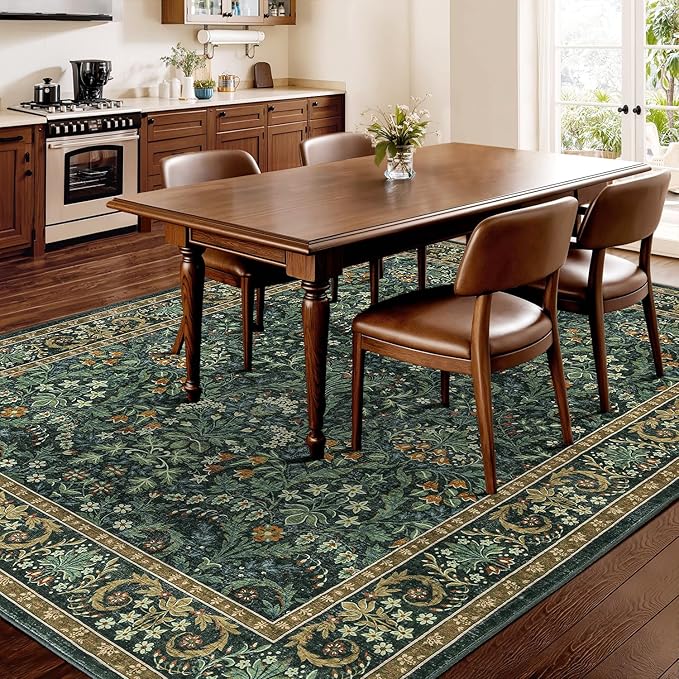 Woaboy Washable 8x10 Area Rug for Living Room Bedroom Dining Room Under Kitchen Table,Non-Slip Low Pile Stain Resistant Soft Large Carpet for Vintage Floral Oriental Home Decor Green Gold