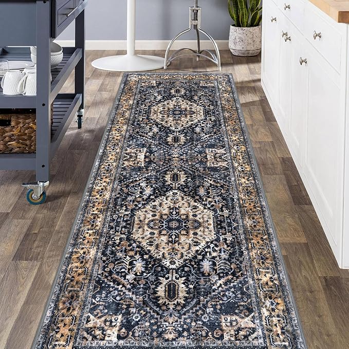 KOZYFLY Runners for Hallways 3x8 Ft Washable Kitchen Runner Rug Boho Runner Rug for Entryway Indoor Gold Navy Printed Oriental Faux Wool Floor Carpet Runner for Bedroom Kitchen Hall