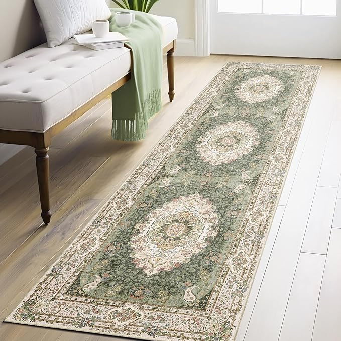 Washable Runner Rug 2x8,Green Rug Runners Non Slip,Long Boho Rugs for Hallways Kitchen Bedroom Entryway Living Room Bathroom,Vintage Bohemian Distressed Floor Carpet,Floral