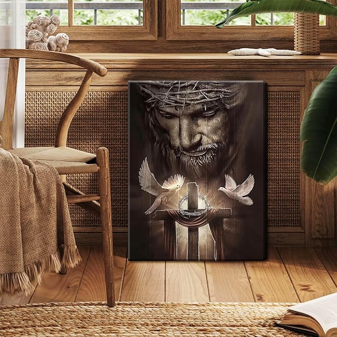 Eysintum Christian Framed Canvas Wall Art Jesus Christ Cross and Doves Religious Home Decor for Church, Prayer Room, Living Room, Office, Hospitals – Ready to Hang 12x16in