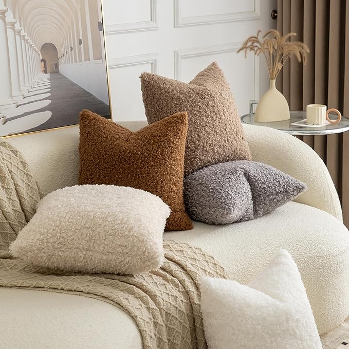 Pack of 2 Curly Teddy Wool Faux Fur Throw Pillow Covers Fuzzy Accent Soft Sherpa Pillowcases Sheepskin Fleece Decorative Cushion Case for Sofa Couch Living Room 12x20 Inch Khaki