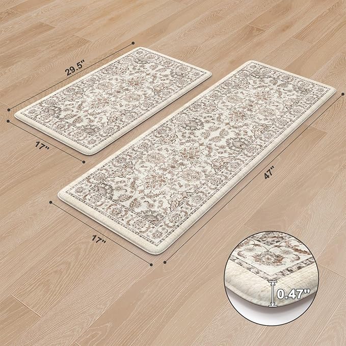 KIMODE Anti Fatigue Mats for Kitchen Floor,Kitchen Rugs Sets of 2 Non Slip,Padded Cushioned Kitchen Floor Mats,Memory Foam Kitchen Mat for Sink Laundry Office Desk,17"x29.5"+17" x47”,Khaki