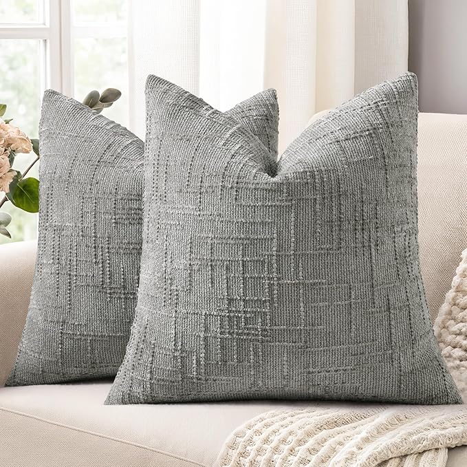 decorUhome Neutral Grey Chenille Throw Pillow Covers 16x16 Set of 2 Thick Textured Slubby Couch Pillow Covers Farmhouse Accent Modern Neutral Decorative Pillow Cases for Bed Sofa Living Room