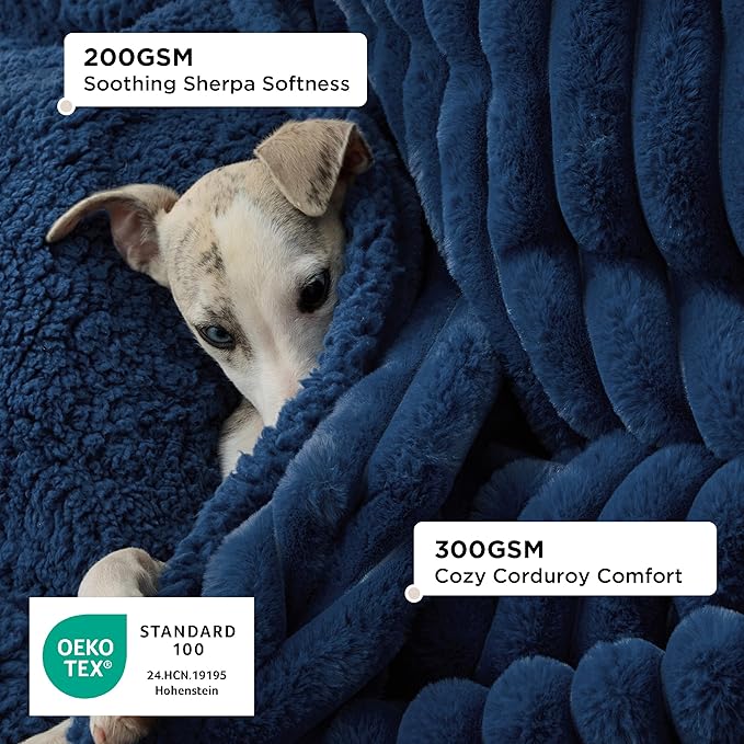 Bedsure Waterproof Dog Blankets for Large Dogs - Soft Pet Cat Blanket Corduroy Fleece for Couch Bed Protector Washable, Cozy Calming Reversible Furniture Protection for Puppy,50"x60", Navy Blue