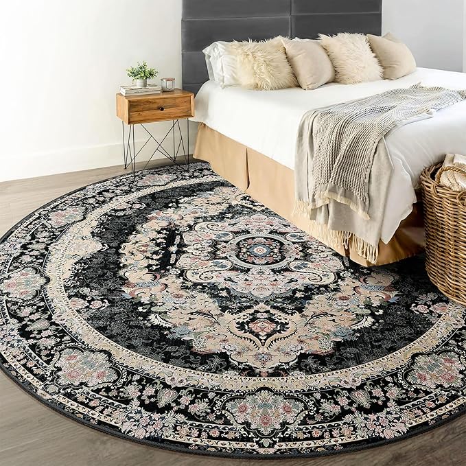Black Round Rug 6ft,Large Circle Area Rugs for Bedroom Living Room Dining Room,Washable Boho Vintage Bohemian Distressed Oriental Carpet Non Slip,Floral