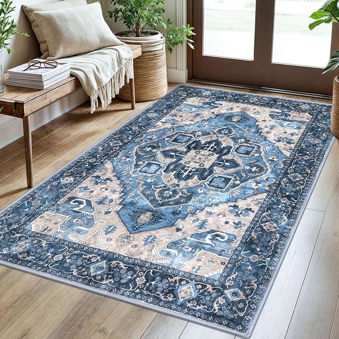 3x5 Washable Area Rug for Entryway, Blue Soft Boho Rug with Non-Slip, Low-Pile Vintage Floor Area Rugs for Living Room Bedroom Dining, Dorm Carpet with Non-Shedding