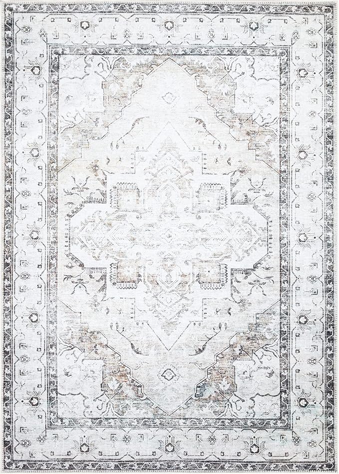 Bloom Rugs Washable Non-Slip 5' x 7' Rug - Brown/Beige/Charcoal Traditional Area Rug for Living Room, Bedroom, Dining Room, and Kitchen - Exact Size: 5' x 7'