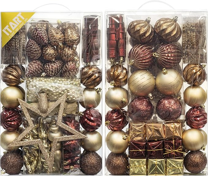 ITART 101pcs Christmas Tree Ornaments Assortment Burgundy Brown Champagne Gold Including Star Tree Topper Balls Nutcracker Figurines Snowflakes Poinsettia Flowers Bead Garland for Christmas Tree Decor