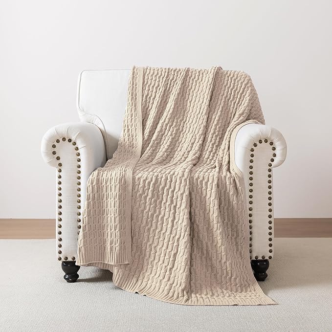 WDCOZY Cable Knit Throw Blanket – Super Soft, Warm & Lightweight Knitted Jacquard Throw Blanket for Couch, Sofa, Bed, Chair, Cozy Texture Farmhouse Decorative Home Blanket, Beige 50x60 inches