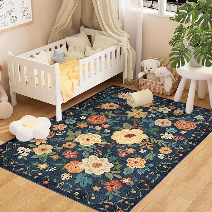 DUKINO 4x6 Area Rug, Lightweight Non Slip Washable Floral Rug, Indoor Low Pile & Non-Shedding Boho Design Rugs for Bedroom, Living Room, Dining Room, Dark Blue