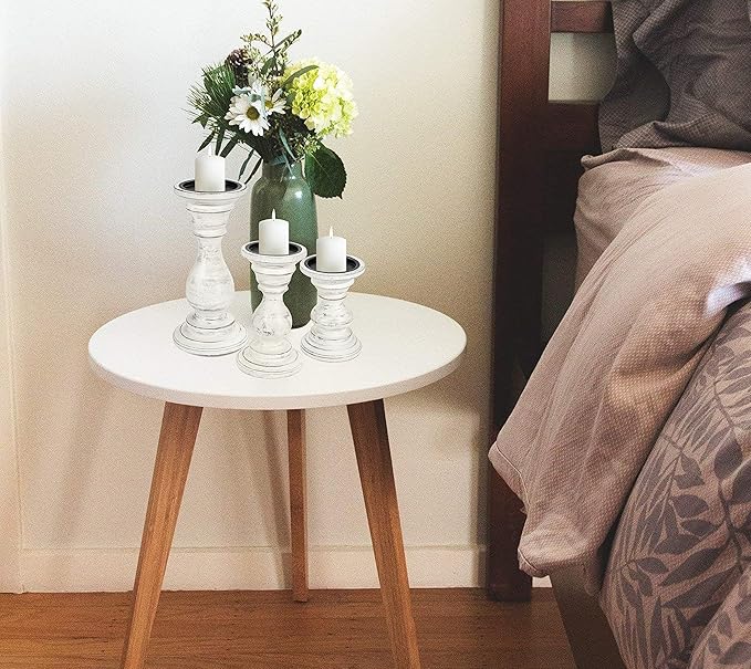 Candle Holder Stand Wooden, Pillar Candle Holder, Unity Candle Holders, Rounded Turned Colums, Country Style Ideal for Gift, Wedding, Christmas, Party, Home - 10,8,6 Inch- Set of 3 -Antique White
