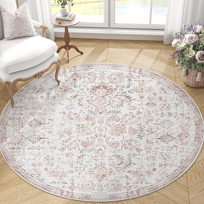 jinchan Kalen Round Rug 5ft Area Rug Washable Vintage Indoor Retro Accent Entryway Floor Cover Distressed Floral 5' Round Circle Boho Non Slip Thin Carpet for Bedroom Living Room Dining Room Red