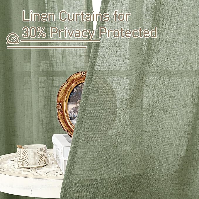 LAMIT Small Window Linen Curtains 45 Inches Long, Semi Sheer Light Filtering Panels Back Tab and Rod Pocket Drapes for Basement/Window/Kitchen, Sage Green, 2 Panels, 34 x 45 Inch