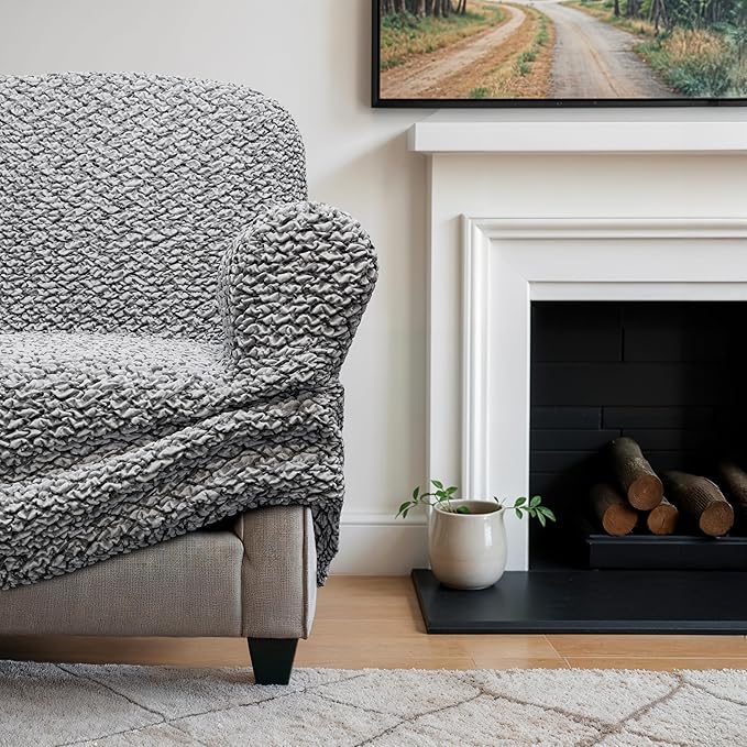 PAULATO BY GA.I.CO. Ottoman Slipcover - Stretch Stool Sofa - Pouf Protector for Pets and Kids - Soft Ottoman Cover - Durable Furniture Slipcovers - Microfibra Print Collection - Venezia Grey