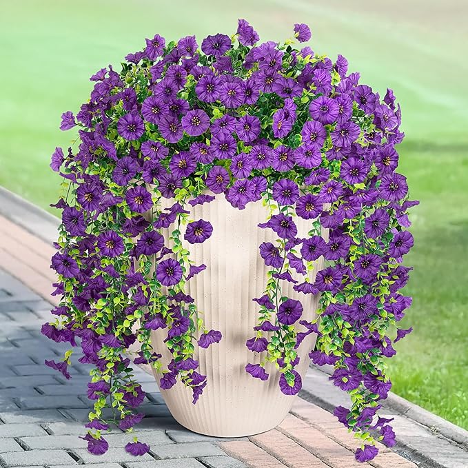 Artificial Hanging Flowers for Outdoor, 2pcs Fake Plants Long Vine Morning Glory Eucalyptus, UV Resistant Realistic Faux Greenery Indoor Outside Patio Porch Garden Spring Summer Decor, Dark Purple
