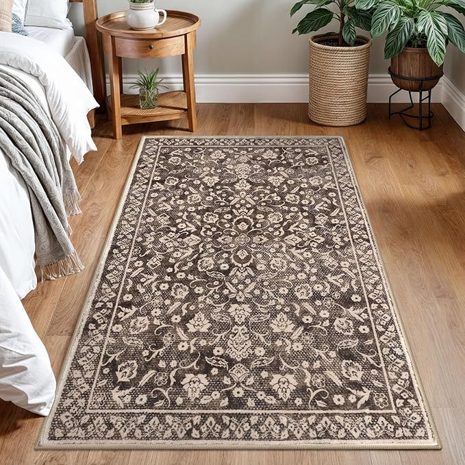 Vintage 3x5 Washable Rug for Entryway, Super Soft Rust Brown Red Entryway Rug with Non-Slip, Printed Faux Wool Floral 3x5 Area Rug Thin Floor Carpet for Kitchen, Bedroom, Living Room