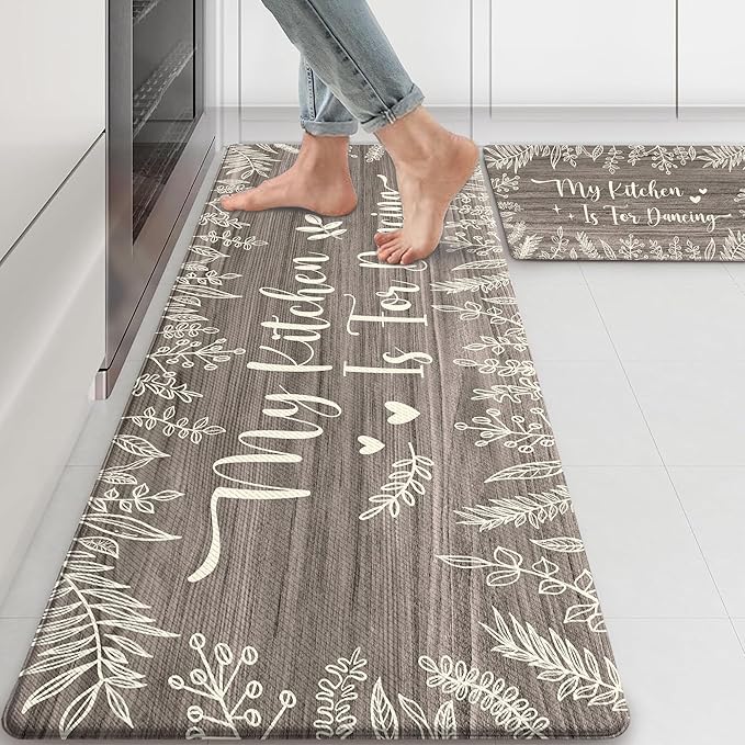 Kitchen Rug Mats for Floor Cushioned Anti Fatigue Gray Kitchen Rugs Sets of 2 Rustic Farmhouse Non Slip Waterproof Comfort Memory Foam Standing Floor Mat for Office Laundry Sink Desk