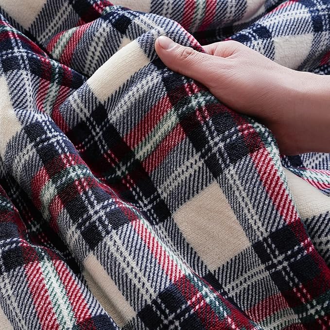 PU MEI Sherpa Fleece Throw Blanket 60" x 80" Reversible Plush Fluffy Large Big Blanket Lattice Flannel Blankets for All Season Use, White Check