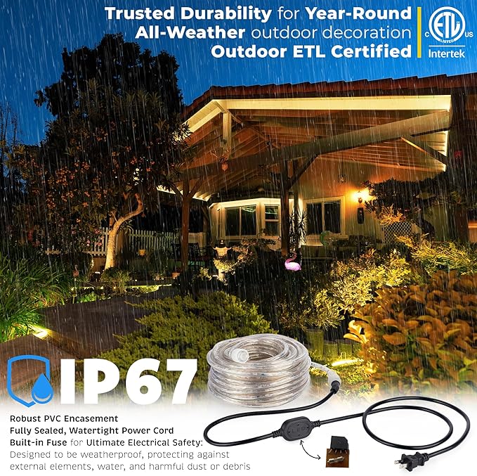 WYZworks 3312LEDs, 300ft LED Outside Rope Lights, Waterproof Permanent Outdoor ETL Certified Connectable Clear Tube, Christmas Palm Tree Holiday Decorative Landscape Patio Accent Lighting - Warm White