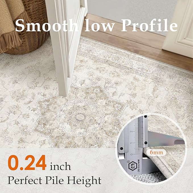 Beige Runner Rug 2x7 Washable Vintage Carpet Hallway Kitchen Soft Retro Low Pile Thin Indoor Bedroom Non Slip Oriental Medallion Long Throw Rug for Bathroom Laundry Dining Room