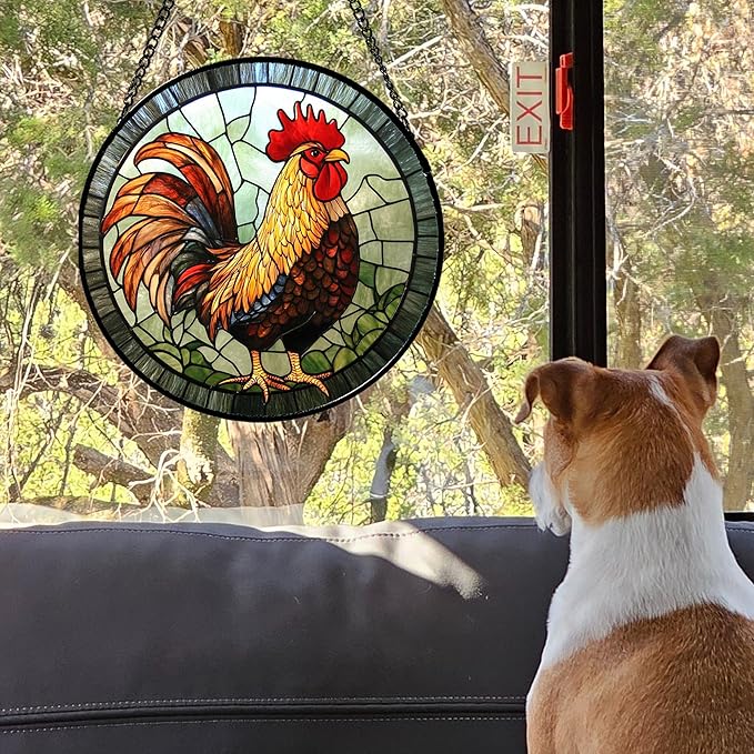 Stained Glass Window Hanging - Rooster Suncatcher for Doors Garden Patio Retro Colored Chicken Sun Catchers Decor Christmas Mother's Day Birthday Gifts for Women Men Mom Nana Friend 11.8 in