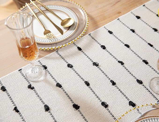 Caflife Boho Table Runner 72 Inchs Long for Modern Farmhouse Room Home Decor, Black and Beige Coffee Table Runner, Natural Cotton Woven with Tassels Neutral, for Kitchen Dining Table Decor