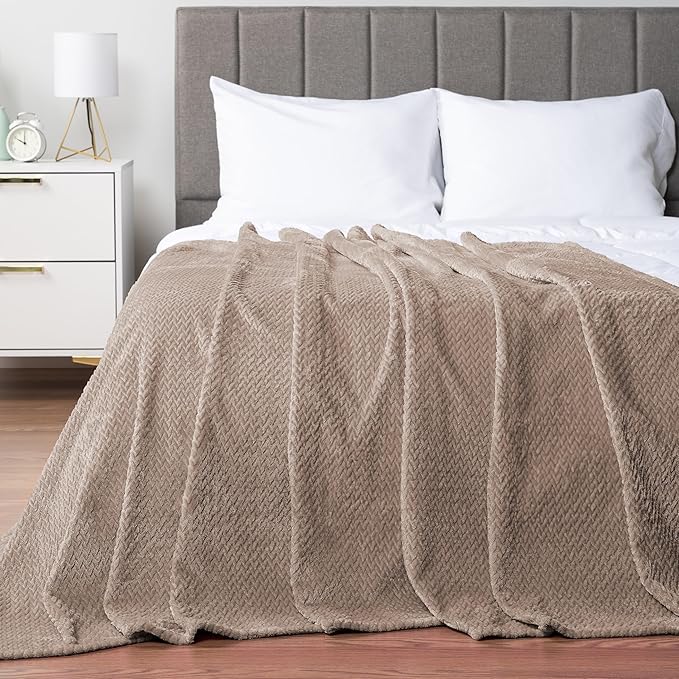 PAVILIA Soft Fleece Taupe Tan Throw Blanket for Couch, Lightweight Plush Warm Blankets for Bed, Fuzzy Cozy Flannel Blanket Throw for Sofa, Travel, Jacquard Pattern, Taupe/Camel, 50x60 inch