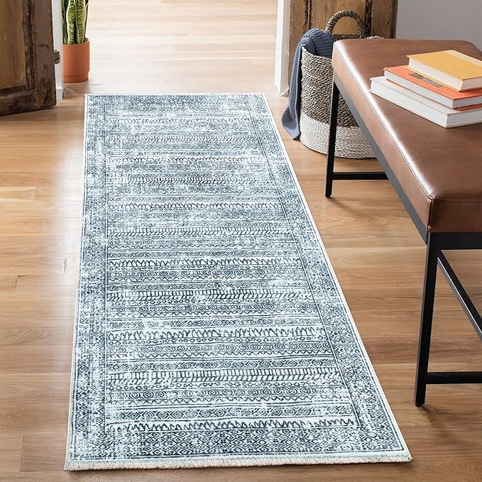 Bloom Rugs Caria Washable Non-Slip 12 ft Runner - Ivory/Black Geometric Runner for Entryway, Hallway, Bathroom, and Kitchen - Exact Size: 2'6" x 12'
